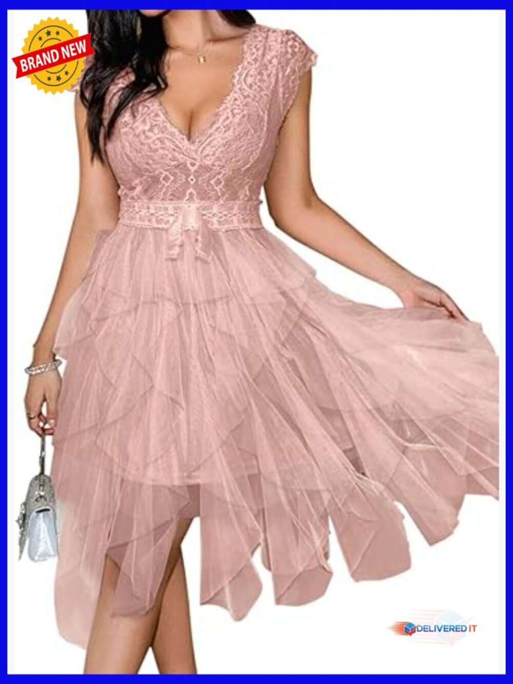 Lace Tulle Backless Deep V Cocktail Dress, Cap Sleeve, Knee Length Formal
